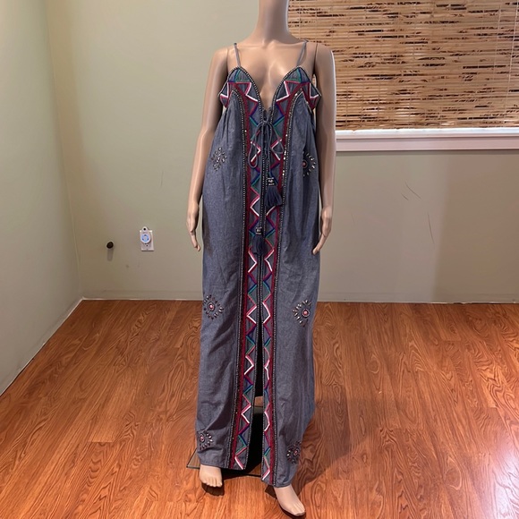 VENUS Dresses & Skirts - Venus Gray Denim Embellished Beaded Maxi Dress Size L